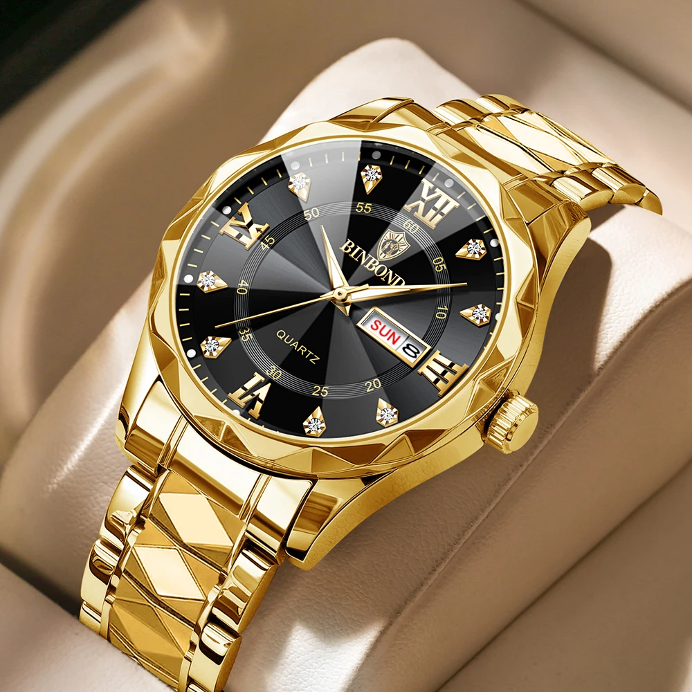 BINBOND Men's Watch Waterproof Night Glow Double Calendar Watch Men's Quartz Watch Diamond Pointed Glass Clock_voghion.com