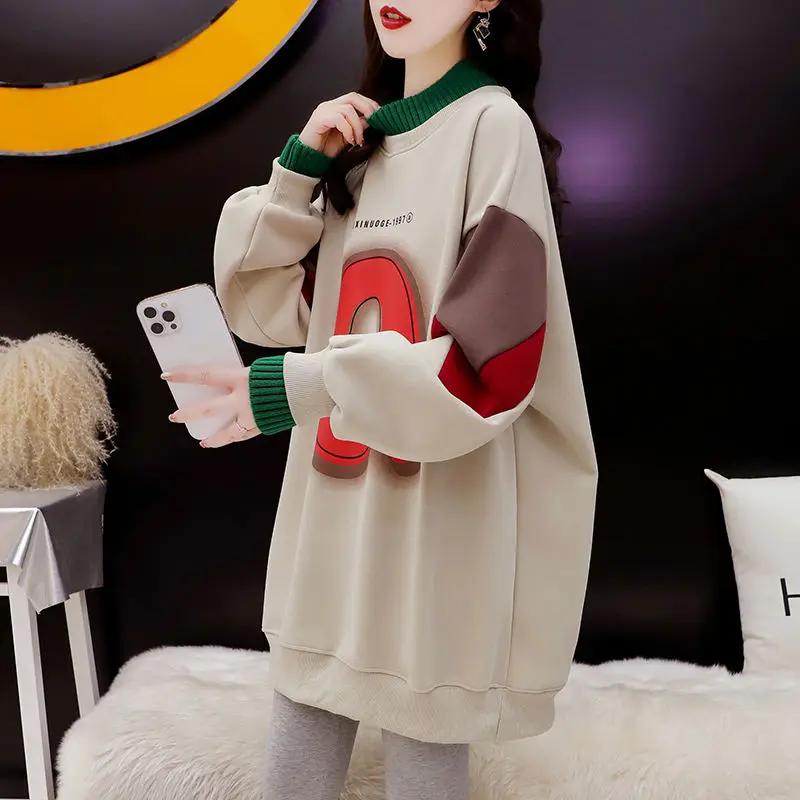 Women's Autumn Winter Fashion Elegant Half High Neck Pullover Letter Casual Versatile Long Sleeve Loose Mid Length Sweatshirts