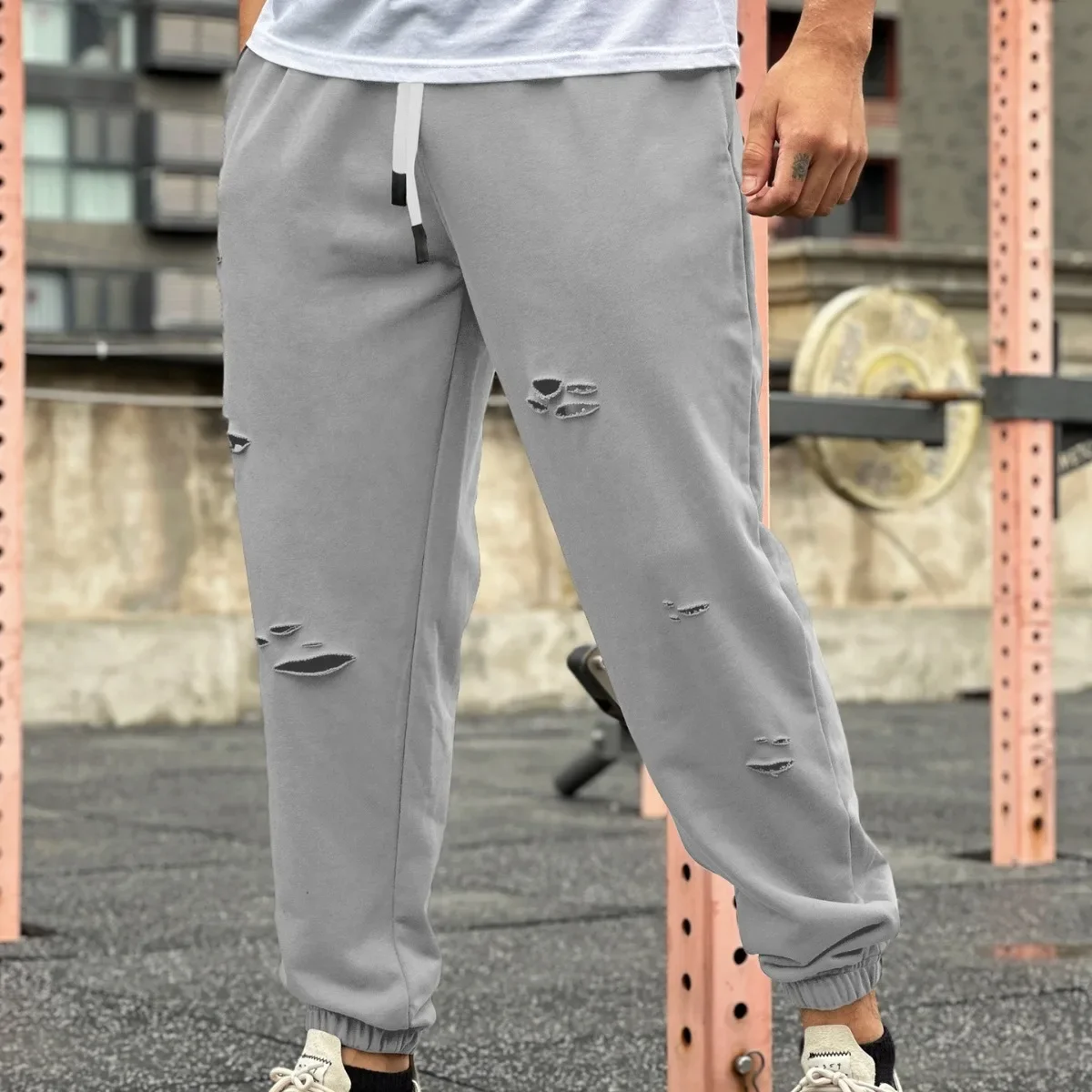 Mens Streetwear Casual Trend Cuffed Pants Jogging Drawstring Sweatpant Ripped Trousers Gym Fitness Sports Bottom Male Costume 3