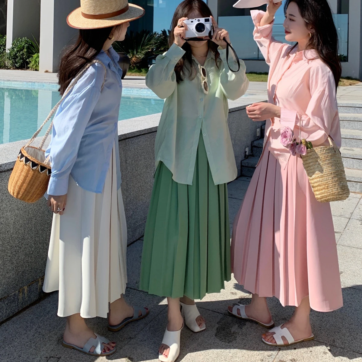 

2023 spring new korean style skirt high waist texture midi pleated skirt women plus size gentle skirt streetwear