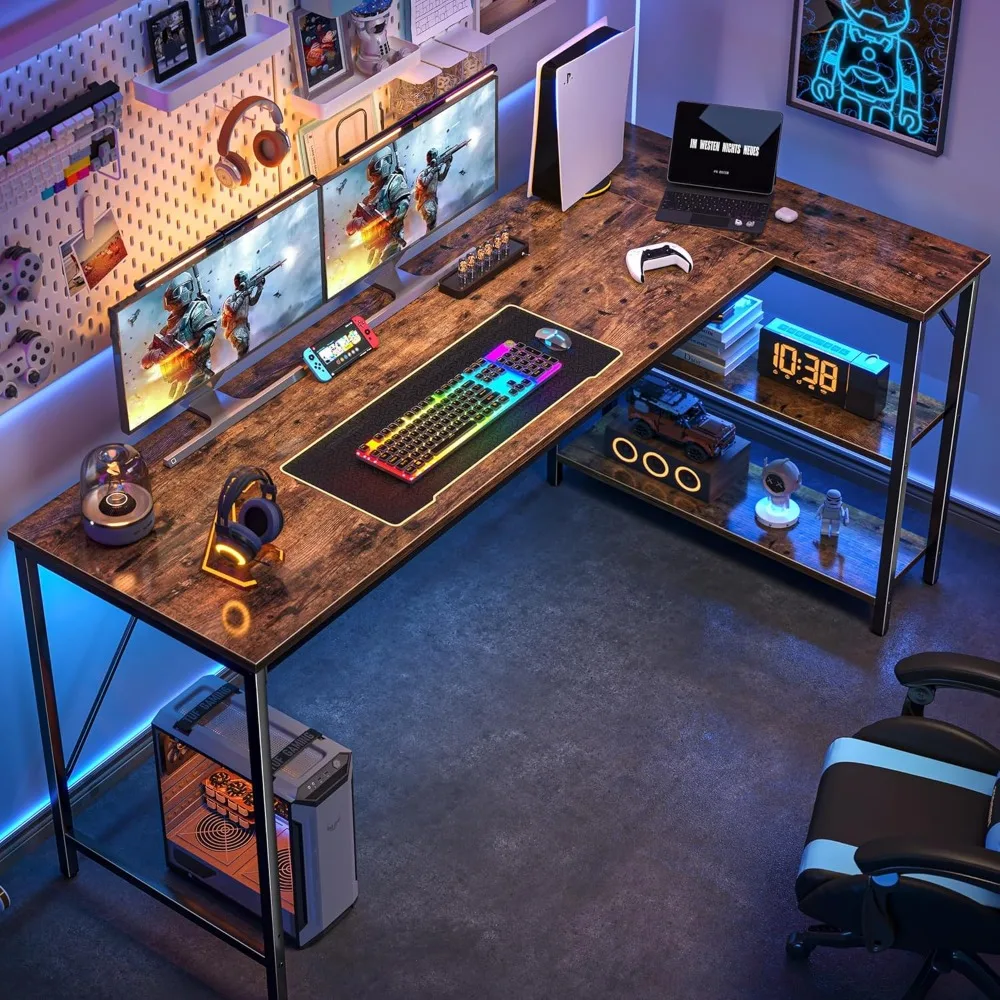 Huuger L Shaped Desk, 63 Inches Computer Desk with Reversible Storage Shelves, for Gaming Corner Home Office Writing Study, Meta