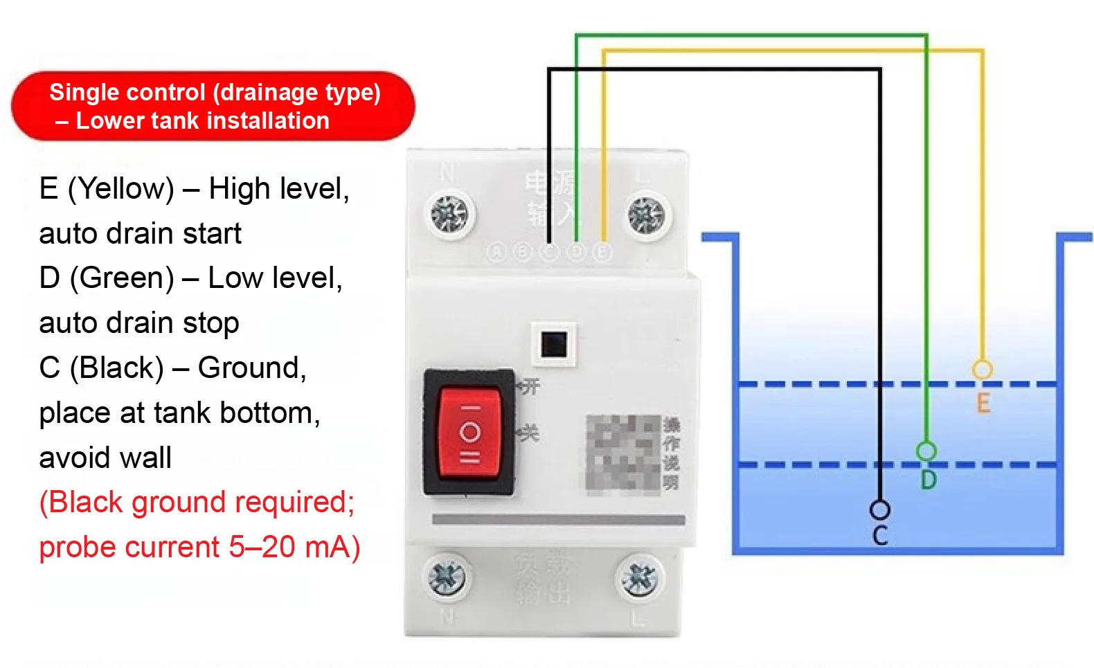 AC220V/DC24V Automatic Water Level Controller with Three‑Wire Probe Float Switch