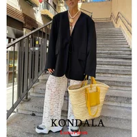 KONDALA Casual Oversized Black Blazer Women V Neck Bow Tie Pockets Loose Jackets Fashion 2025 Fall Streetwear Women Outwears - Image 4