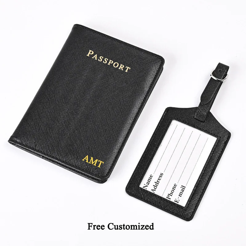 Lettere personalizzate copertina del passaporto da viaggio Set di etichette per bagagli Saffiano PU porta passaporto in pelle porta passaporto Set di accessori da viaggio di moda