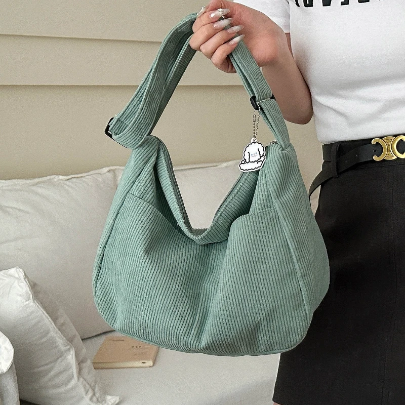Women’s Corduroy Shoulder Bag Vintage Striped Large Capacity Tote with Zipper Closure Fashionable Crossbody Purse for Daily Use 1