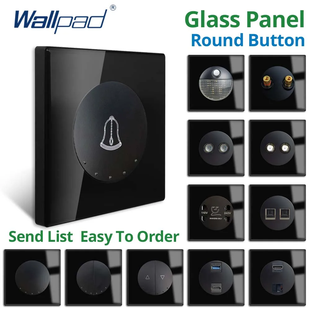 Wallpad-reconjunto Way Interruptor de Parede e Tomada Canto Redondo Painel de Vidro Preto Usb ue Reino Unido tv Tomada Elétrica Tel Rj45 Sat Hdmi