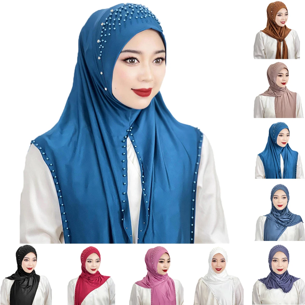Sciarpa Istantanea Con Perline Della Malesia Hijab Musulmano Donna Foulard Jersey Scialle Wrap Turbante One Piece Amira Niqab Khimar Stole Islamiche
