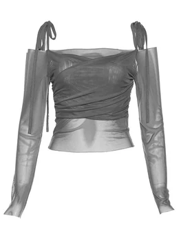 Women's solid color slanted collar crop top sexy off shoulder lace up long sleeved T-shirt slim mesh T-shirt Y2K streetwear 1