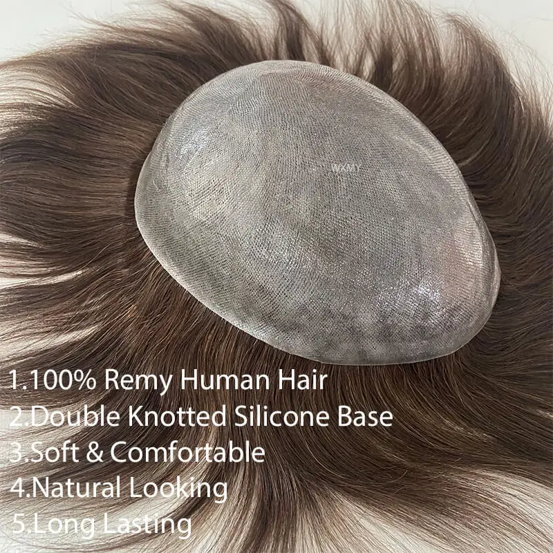 Clearance Double Knotted Silicone Microskin Toupee Men Male Hair Prosthesis 100%Natural Human Hair Men's Wig Capillary Prothesis