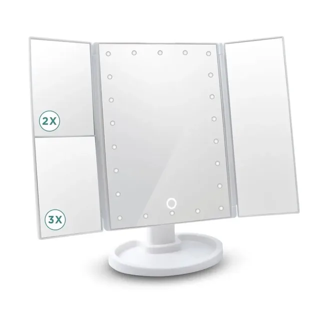 Miroir de maquillage de vanité LED avec commande tactile, éclairage réglable 1X, 2X, grossissement 3X, conception à trois volets, cadeau idéal pour les femmes 1