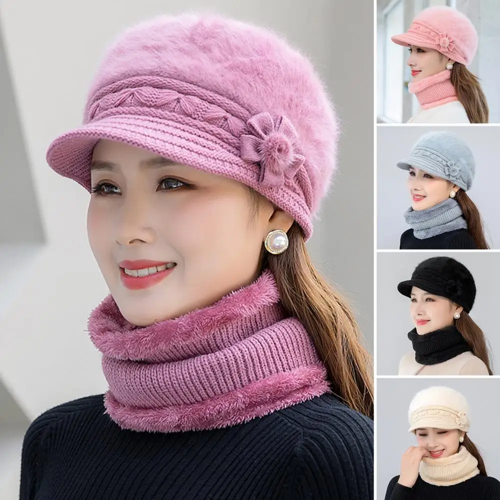 

2Pcs/Set Good-looking Ladies Hat Neck Warmer Comfortable Winter Hat Neck Warmer Flower Pompom Decor Cold Resistant