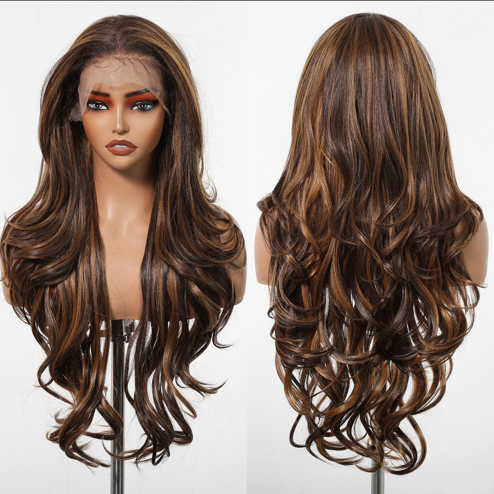 Highlight Brown Blonde Body Wave Afro Synthetic Wigs 13*6 Transparent Lace Frontal Wigs for Black Women Brazilian Loose Wave Wig synthetic wigs