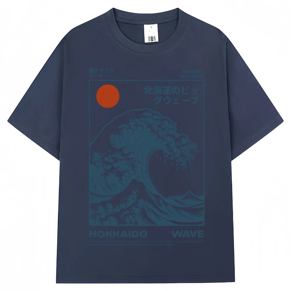 Vintage Japanese Hokkaido Wave Oversized Cotton Tee - Unisex Harajuku Fashion Summer T-Shirt