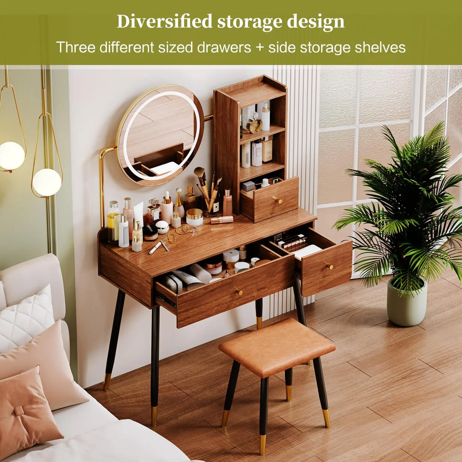 Vanity 35" W, Vanity Desk with Round Mirror and Lights, Brown Makeup Table with Chair, Open Compartment
