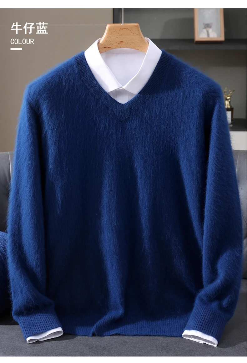 Men's 100% Pure Mink Cashmere Sweater V-neck Pullover Knit Bottoming Shirt Autumn And Winter New Long-Sleeve High-End Mink Tops