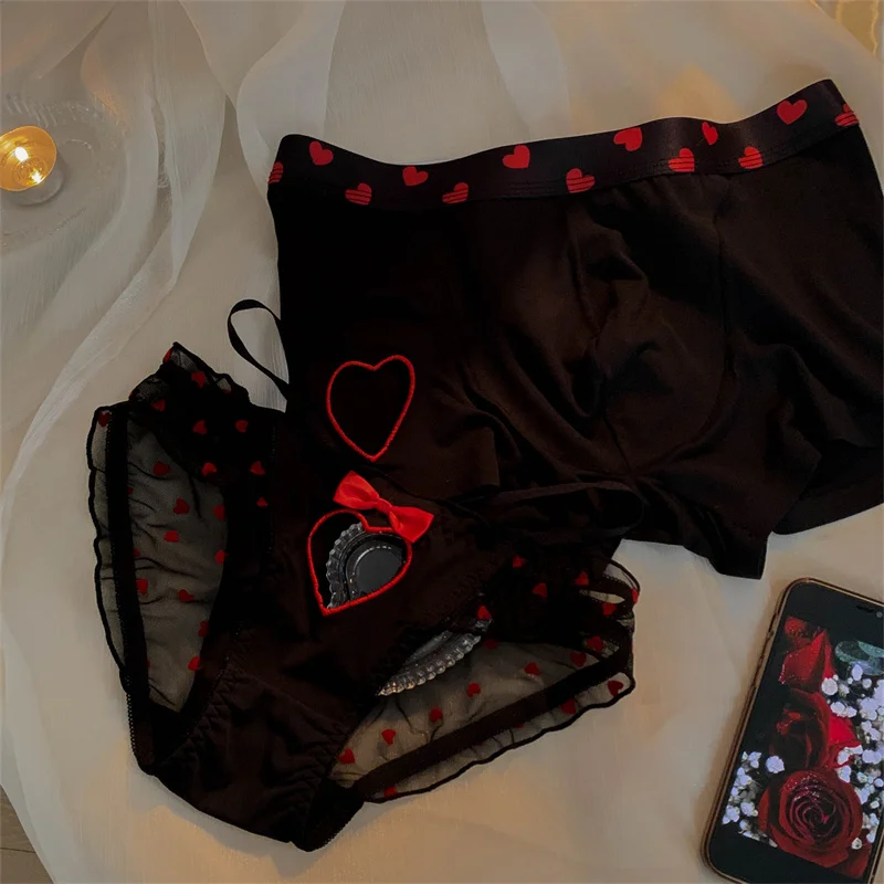 2PCS Couples Underwear Women Men's Boxers Panties Lace Net Yarn Boy Girls Underpants Love Hollow Out Sexy Briefs Lovers Lingerie