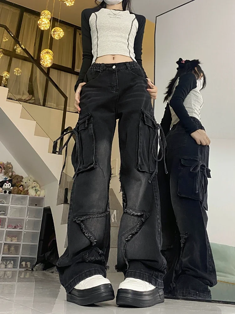 ADAgirl Black Cargo Jeans Women Harajuku Vintage Oversize High Waist Straight Star Denim Pants Y2k Causal Korean Mujer Trousers