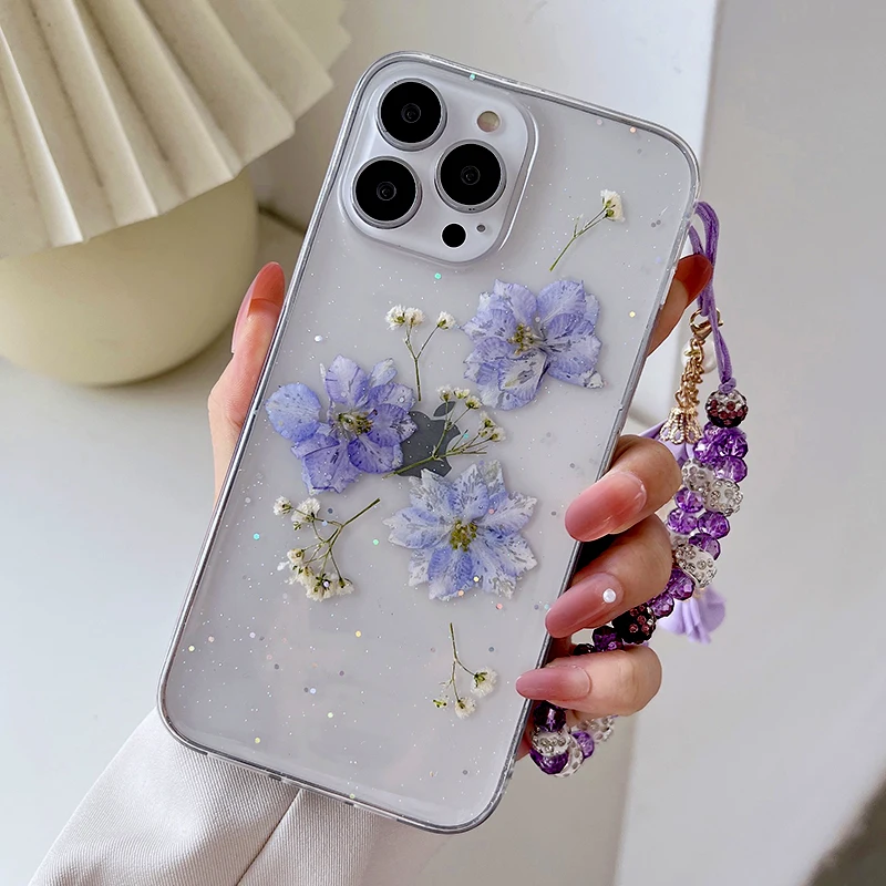 Soft Dried Real Flowers Phone Case for Iphone 13 Pro Max 12 Mini Xs 11 XR X 7 8 Plus TPU Covers With Lady Pendant Bracelet Funda iphone 13 mini mobile phone cases
