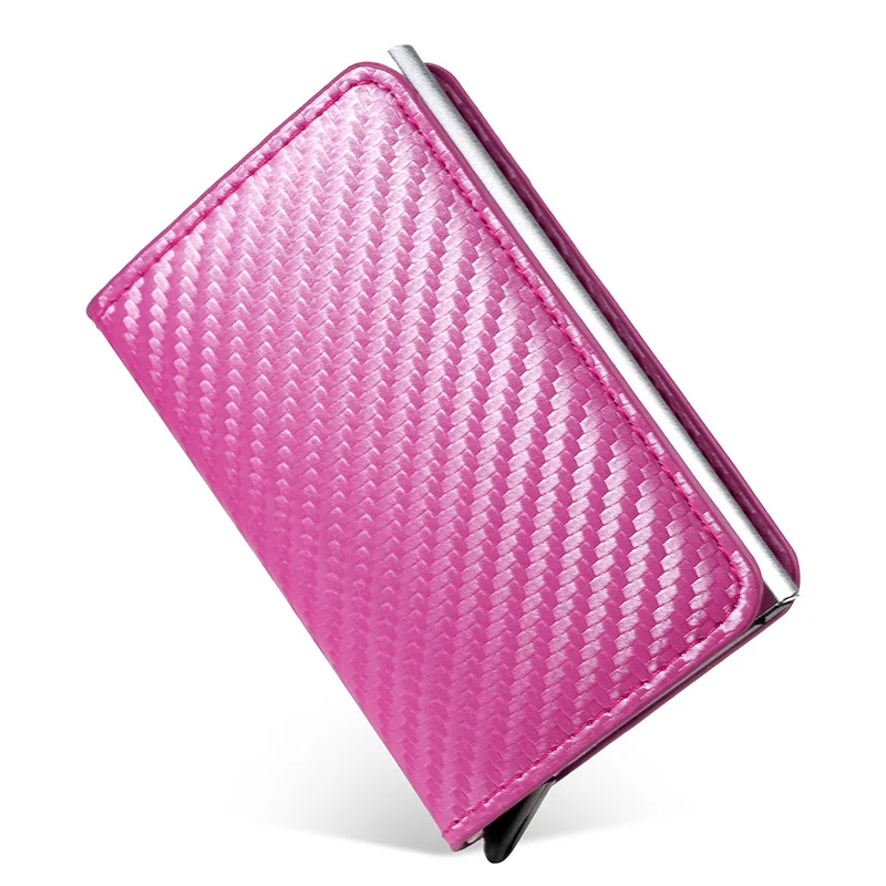 

Fashion Carbon Fiber Pattern PU Leather Men Wallets RFID Protection Automatic Cartridge Type Metal Card Holder for Men and Women
