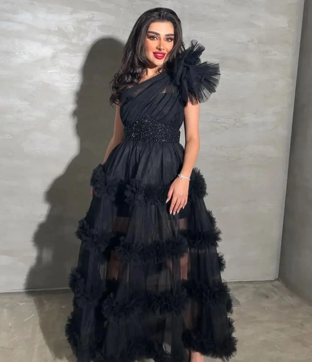 

One-Shoulder Black Tulle Prom Dresses 2023 For Arabia Women Evening Dresses Beads A-Line Floor-Length Formal Dresses Vestidos De