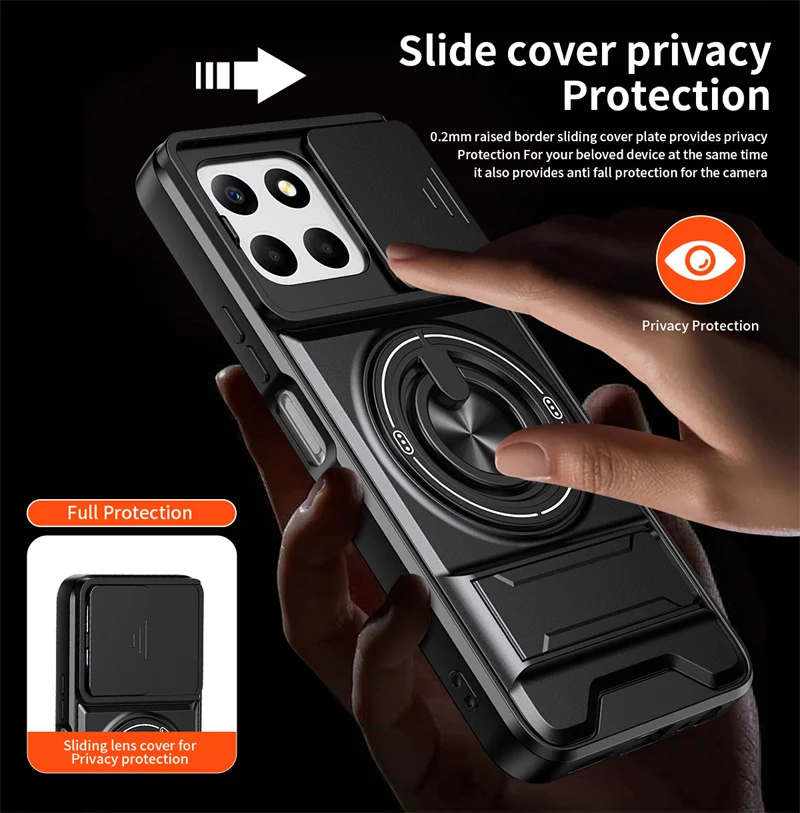 Armor Stand Holder with Slide Lens and Magnetic Ring Cover - Durable Protective Case