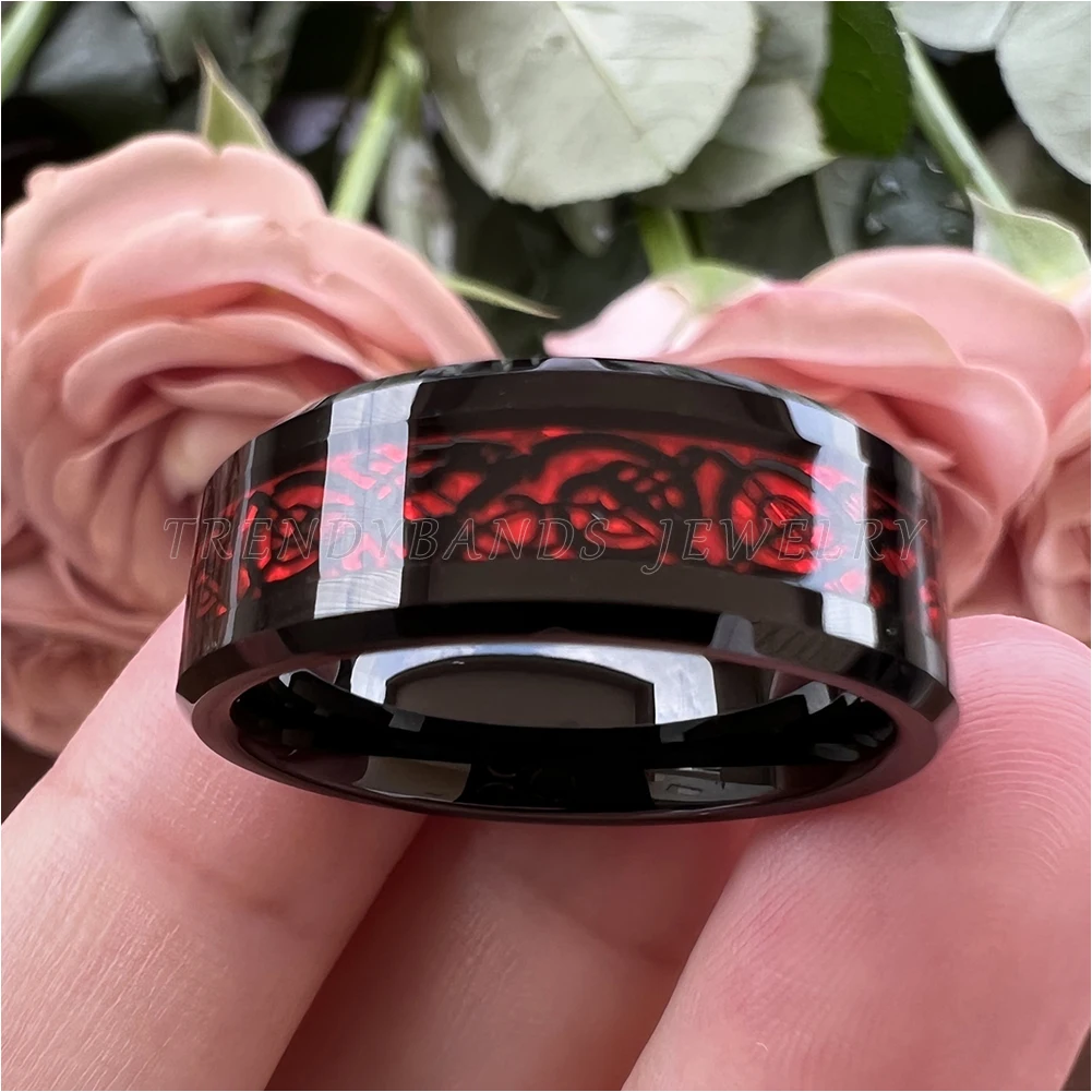 6mm 8mm Mens Womens Schwarz Hartmetall Ring Hochzeit Band Poliert Shiny Red Opal Drache Inlay Comfort Fit mit Abgeschrägten Kanten – Detail 6