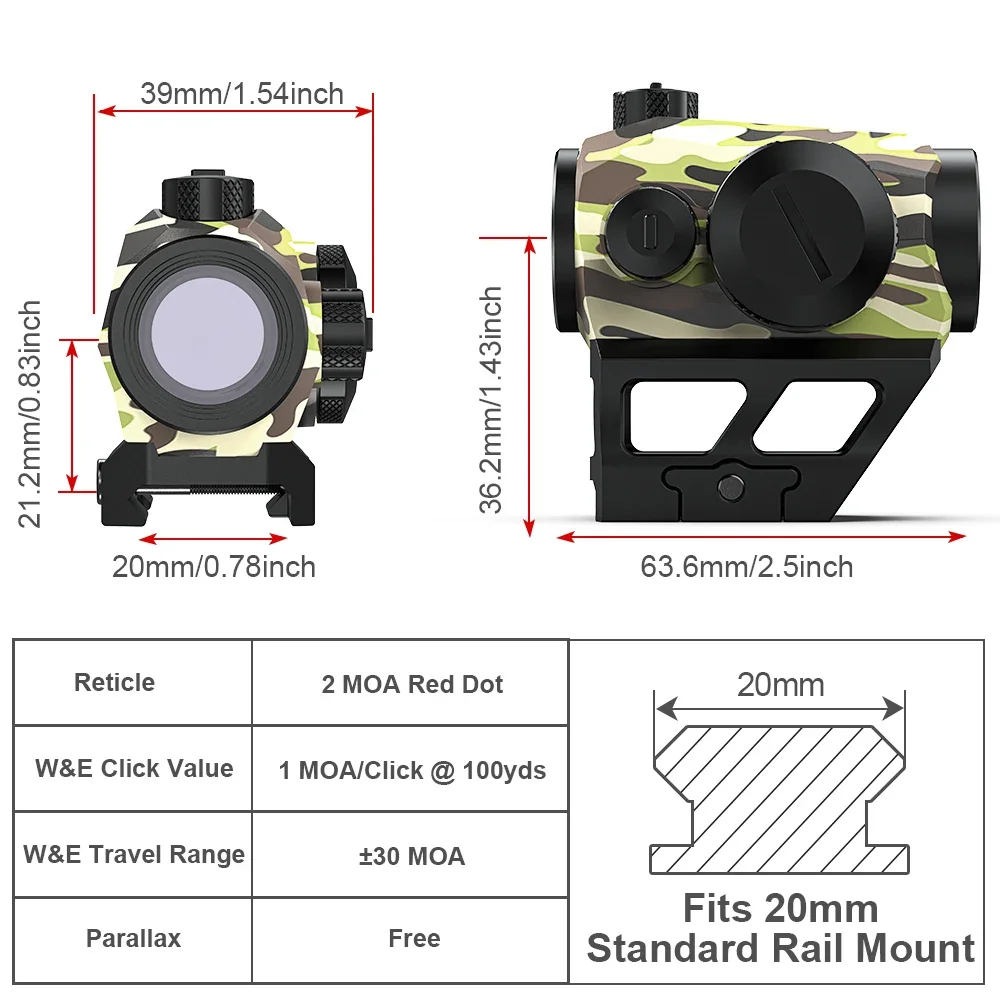 2 MOA Red Dot Sight 1X20mm Optics Scope with Riser Mount for Rifle Hunting-Red Dot Sight with Riser