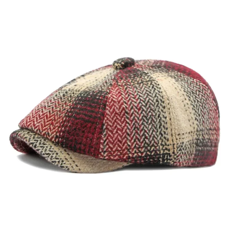 Men and Women Retro Octagonal Newsboy Cap Beret Hat Thickened Knitted Duck Tongue Painter Hat Plaid Street Forward