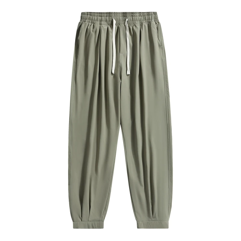 Summer New Trendy Solid Color High Waisted Elastic Drawstring Men's Ice Silk Quick Drying Casual Sports Leggings Cropped Pants