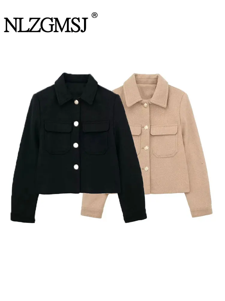 

Nlzgmsj TRAF 2023 Women Pocket Wool Blend Short Blazer Jacket Coats Fashion Single Breasted Vintage Autumn Slim Tops