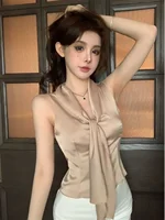Summer New Sle Women's Svel Satin Vest Design Sense Knot ort Top Slimming Trendy Commute Sle 8-24 Years Old