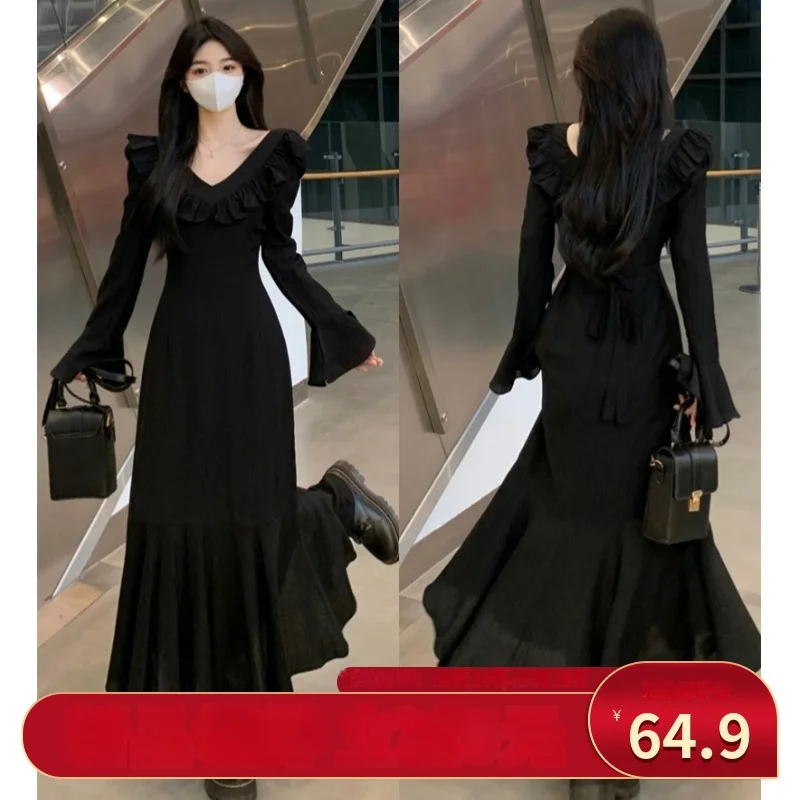 미디원피스 2022년 가을 여성용 섹시한 블랙 바디콘 니트 드레스 - 슬림한 랩 스타일의 쇼트 드레스 9 플러스 사이즈 통통한 Mm2023 초가을 새로운 등이없는 긴 소매 피쉬 테일 드레스 여성 한국 패션 단어 길이 스커트