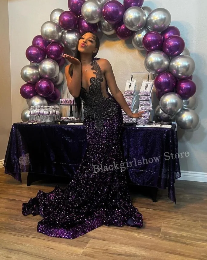 Luxury Grape Purple Long Prom Dress 2024 For Black Girls Sparkling Sexy Diamante Crystal Sequins Birthday Party فساتين سهرات