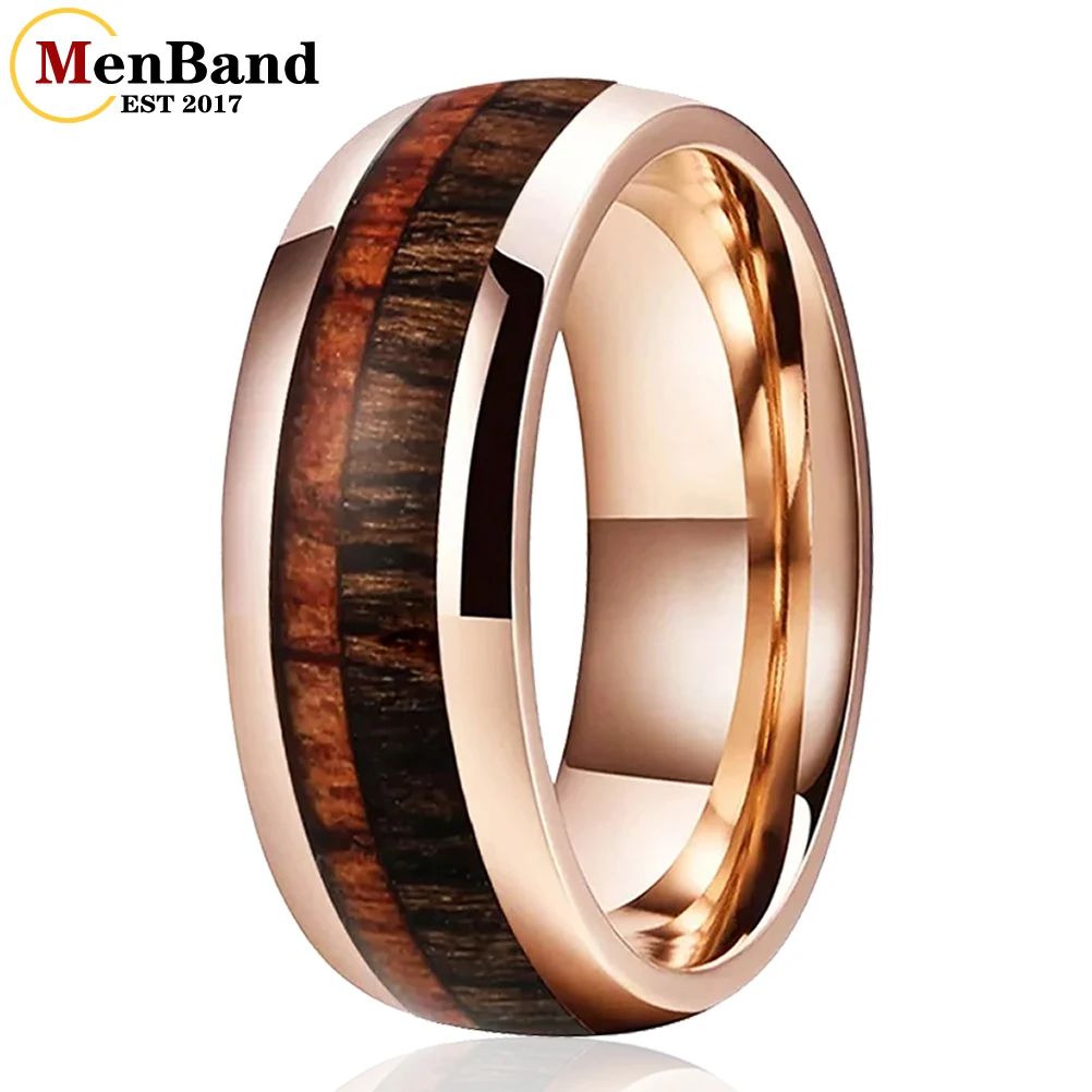 MenBand Jewelry Fashion 8MM Tungsten Carbide Wedding Band Rings Two Different Types of Wood Inlay Dome Polishing Comfort Fit vintage walnut wood jewelry displays holder rack dark brown high end display stand storage photo props rings earring necklace