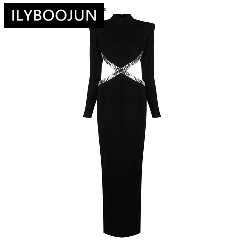 

ILYBOOJUN Solid Patchwork Diamonds Dress For Women Turtleneck Long Sleeve High Waist Backless Sexy Dresses Female Fashion New