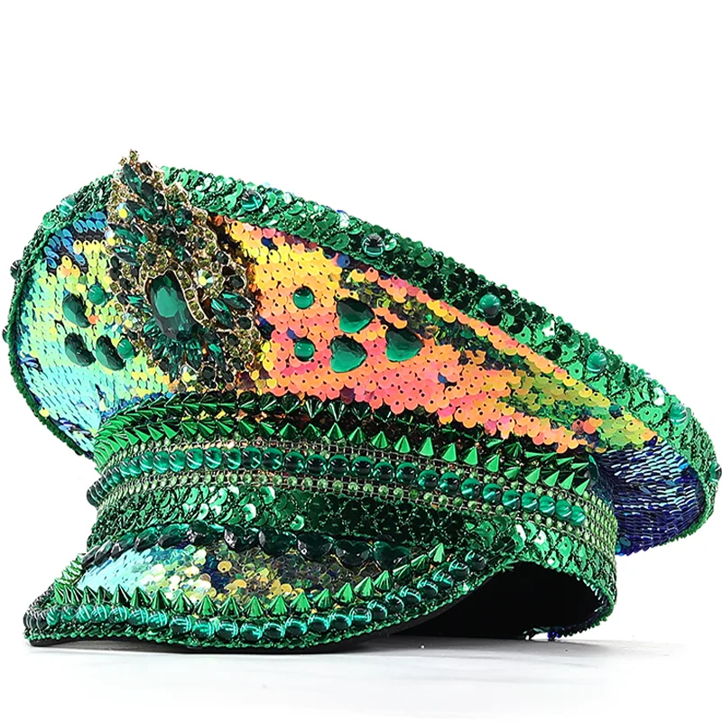 New Women Sequin Burning green Bride Military Hat Handmade Sailor Captain Sergeant Hat Birthday Festival Part
