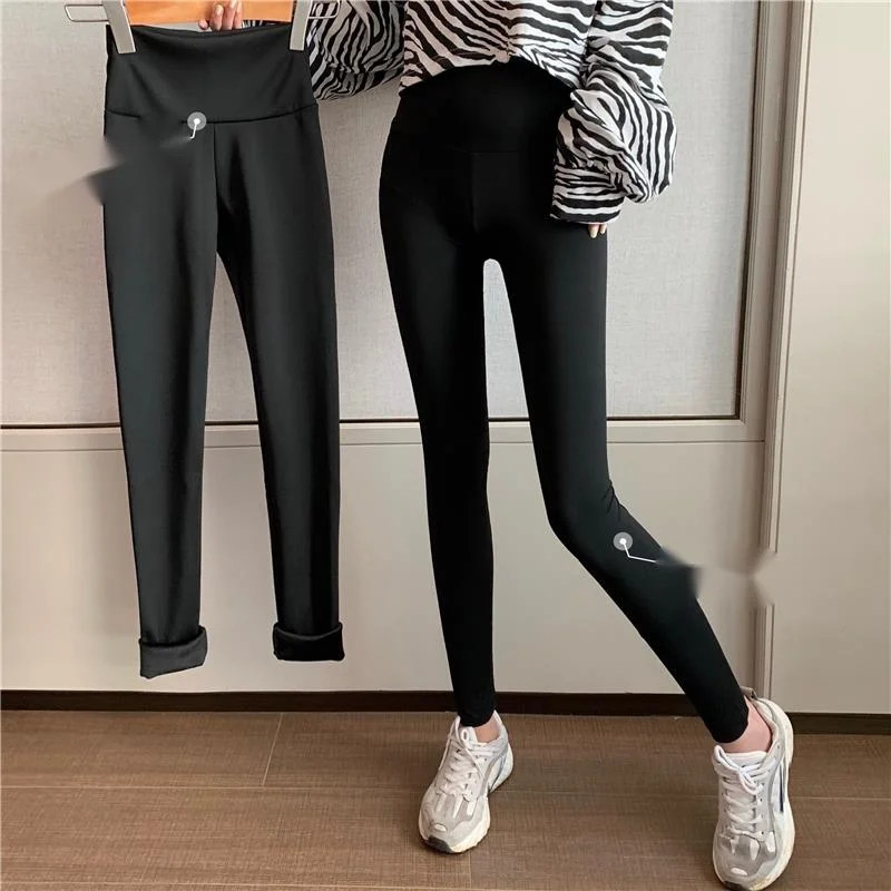 Control 3 shark skin leggings for women wearing outside, with small feet plush, tight fitting and slimming legs,_voghion.com