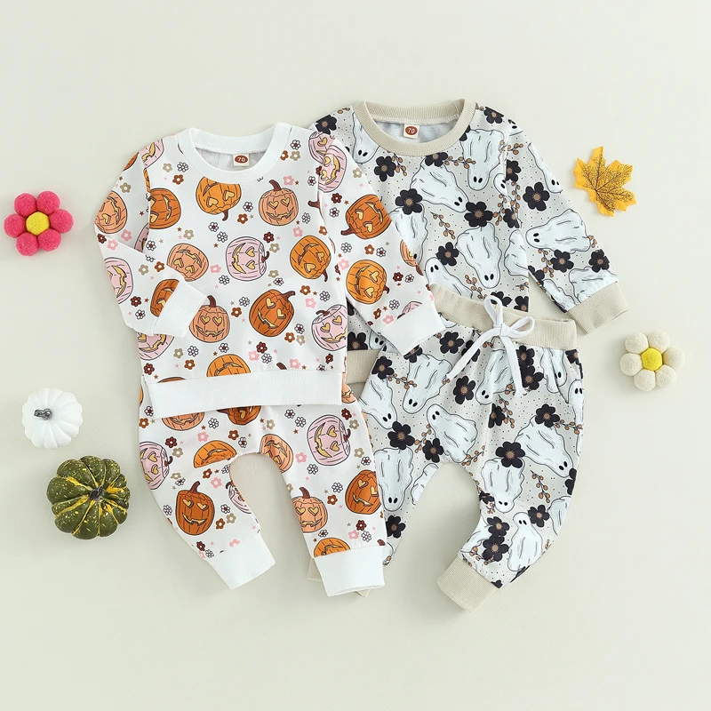 

SUNSIOM Baby Girl Boys 2Pcs Halloween Outfits Long Sleeve Ghost/Pumpkin Print Sweatshirt Tops + Pants Set Toddler Fall Clothes