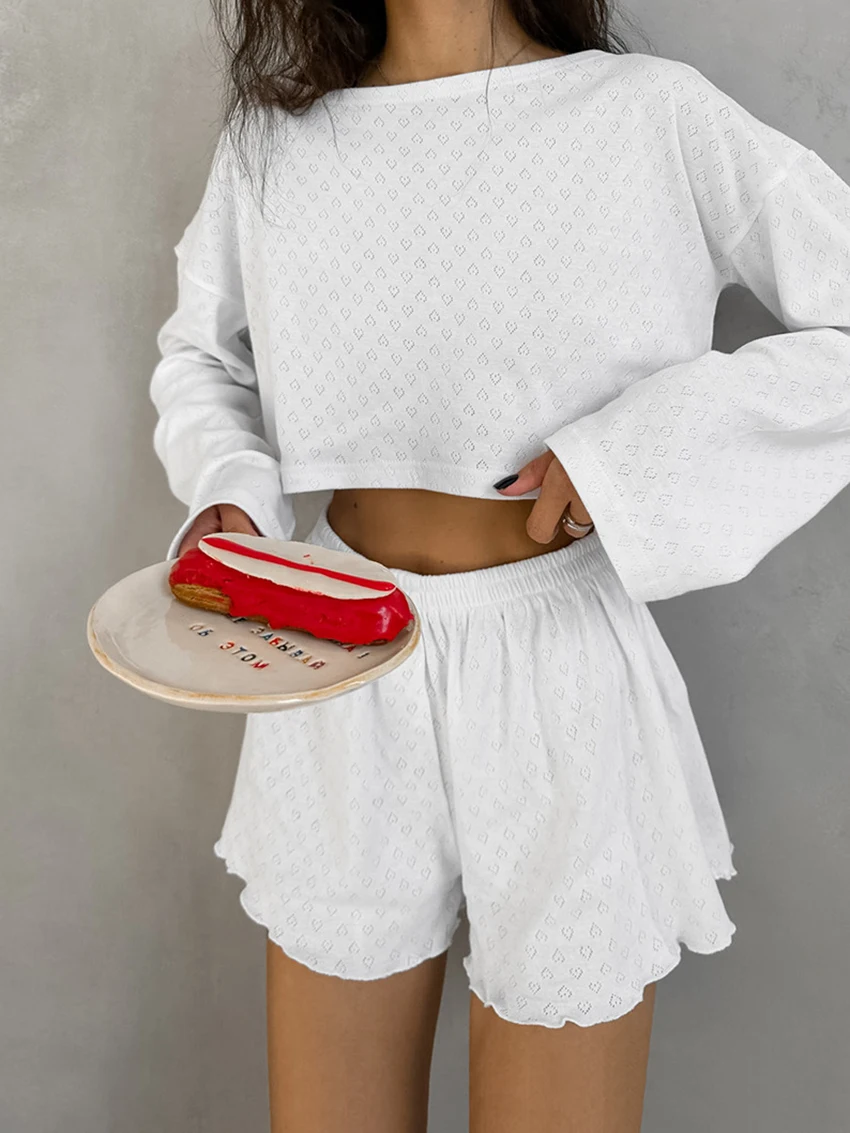 Marthaqiqi Casual Female Pajama Set Sexy O-Neck Sleepwear Long Sleeve Nightie Crop Top Nightwear Shorts Loose Home Clothes Women