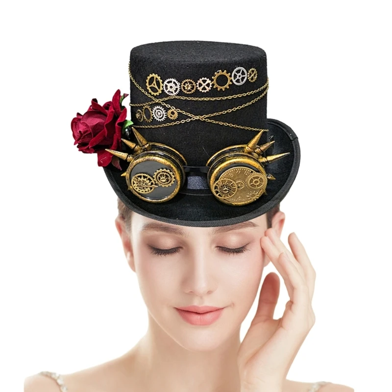 

652F Unisex Top Hat Industrial Age Gothic Rose Cosplay for Steampunk Party Accessories Industrial Age Cap Top Hat