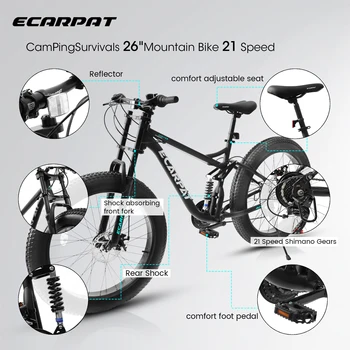 26 inch Mountain Bike, Full-Suspension 21 Speeds Drivetrain with Disc-Brake MTB Bicycle, 26*4 5