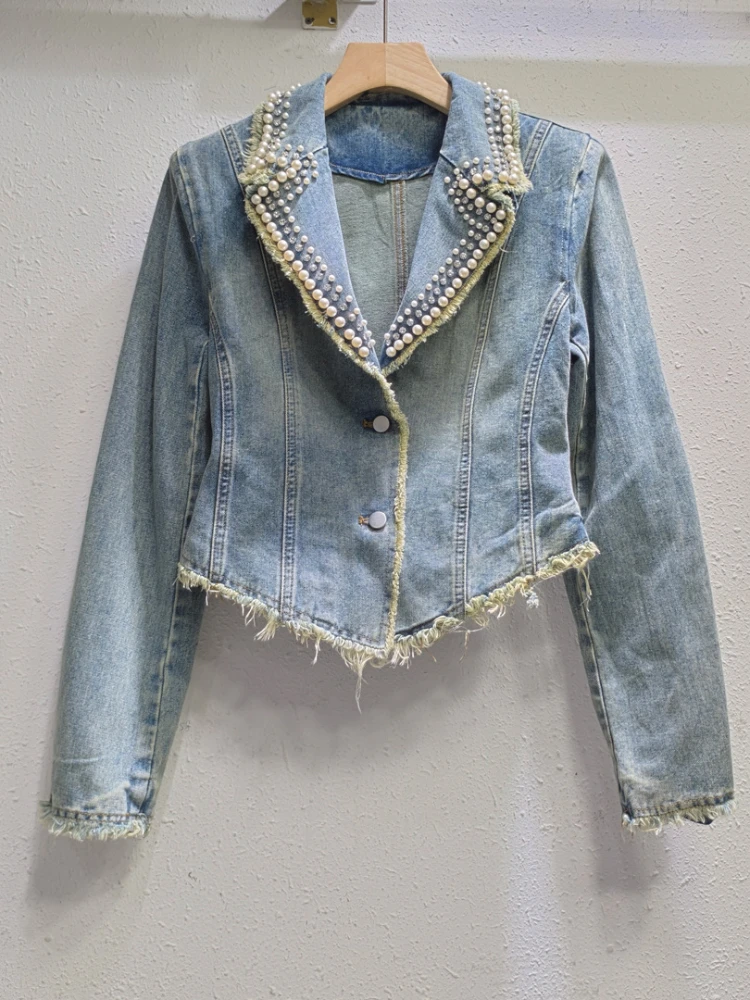 Street Style Retro Raw Edge Denim Suit Jacket for Women 2024 Spring and Autumn New Heavy Industry Beads Washed Cotton Jacket