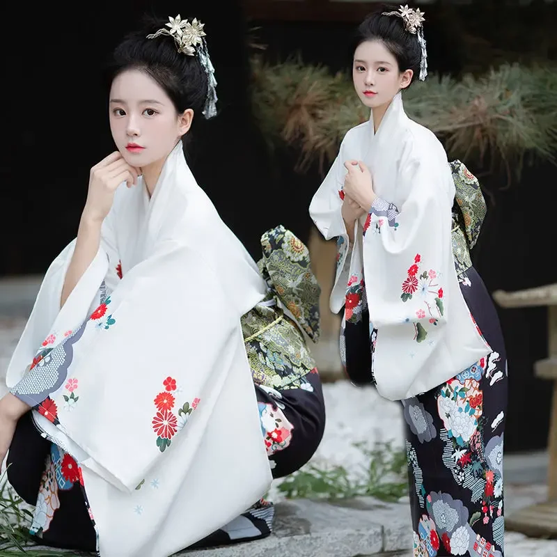 

Fashion National Trends Women White Kimono Yukata With Obi Novelty Evening Dress Japanese Cosplay Costume Floral One Size