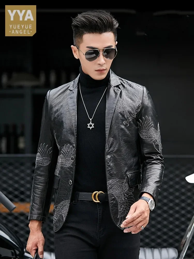 

Men Business Fashion Eagle Embroidery Blazer Slim Fit Work Suit Coat Spring Autumn Natural Cowhide Genuine Leather Jacket