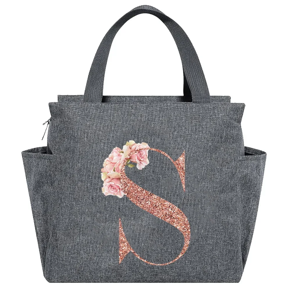 Rose Gold Insulated Lunch Tote with Letter Print