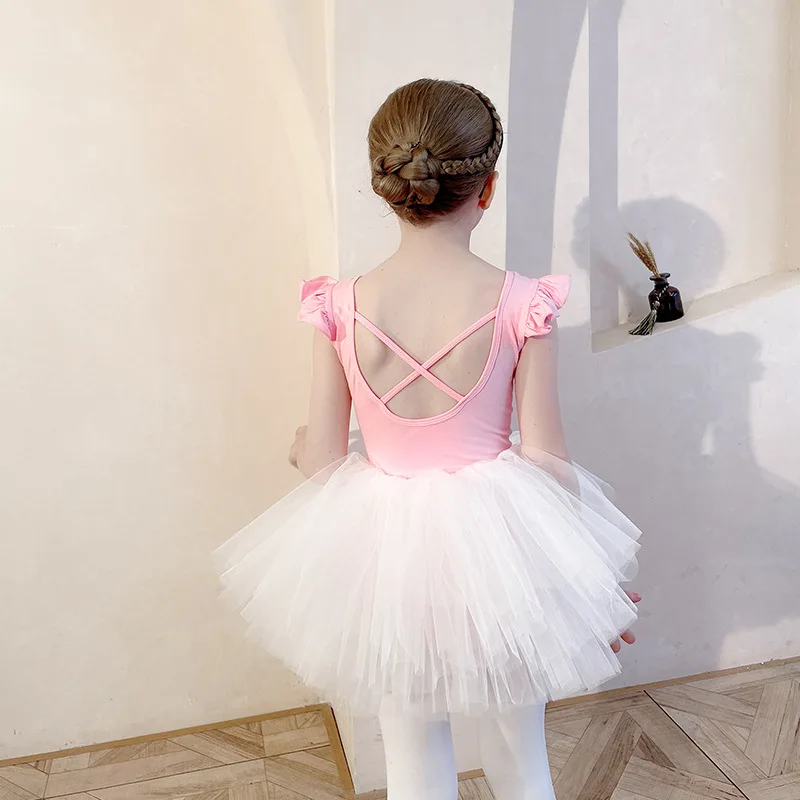 Girls Dance Clothes Kids Training Gauze Skirt Children\'s Ballet Wear Flying Sleeved Stage Performance Dress Solid Autumn Winter