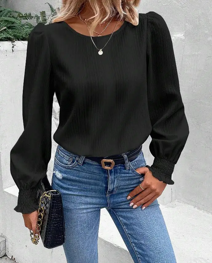 2024 Spring New Simple Long Sleeved Solid Color Shirt for Women Elegant Solid Color Casual Shirt for Women