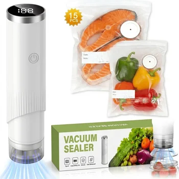 65Kpa Strong Suction Vacuum Sealer with 15 Vacuum Bags, Suitable for Reusable Bags And Jars, LED Display Handheld Food Sealer, Keep Food Fresh, Rechargeable Portable Vacuum Machine for Meal, Vegetable, Fruit Reusable Bags 1