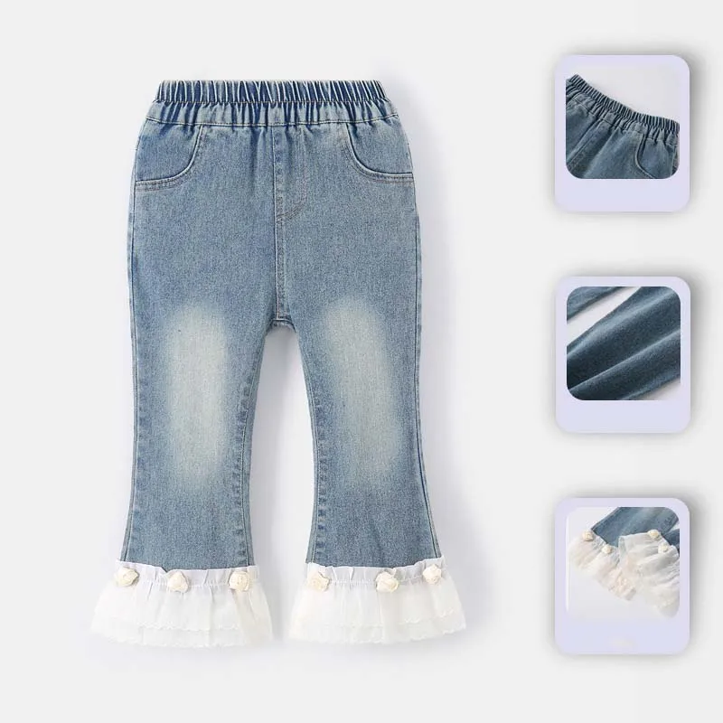 봄철 여아 플레어 팬츠 UNITIM 레이스 스플라이스  여아 데님 팬츠 신축성 있는 허리  여아 벨 팬츠 아동 청바지