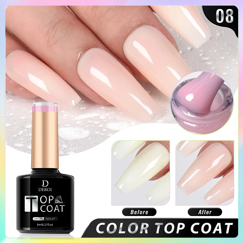 DEROI 8ml Solid Top Coat Glitter No Wipe Gel Top Coat Rubber Base Coat Soak Off Manicure Semi Permanent Clear Nail Polish UV/LED 4